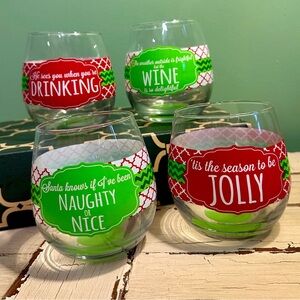 Four Holiday stemless wine glasses